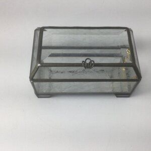 Vintage Small Trinket Jewelry Box with Hinged Lid Leaded Beveled Glass 3" H